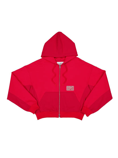NYLON MIXED COTTON HOOD ZIP-UP -RED 