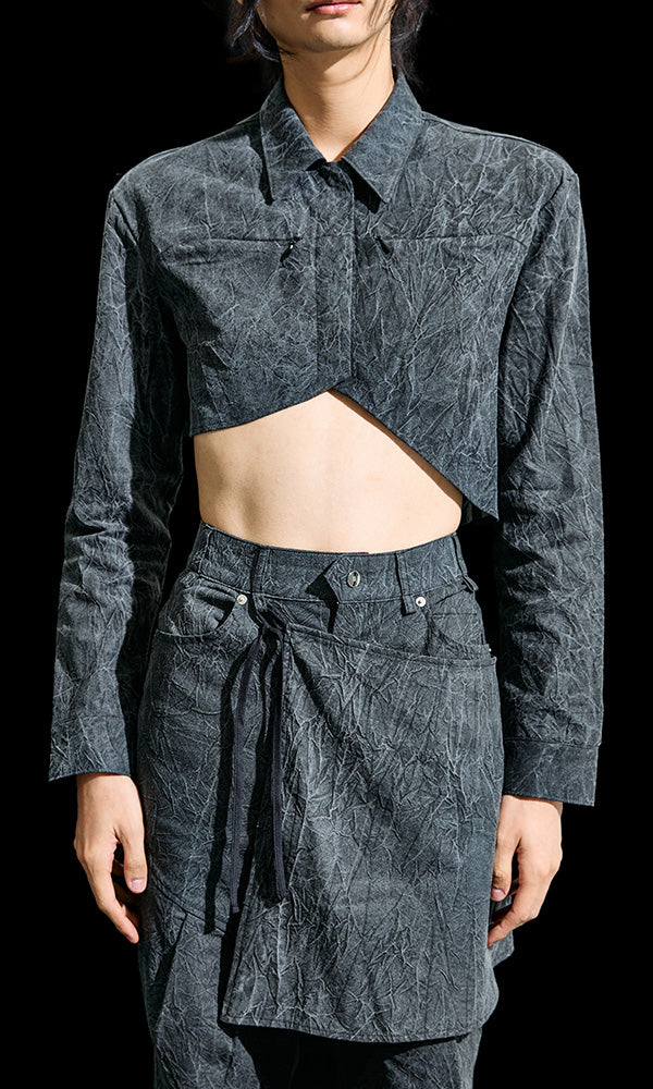 【Reculer レキュリー】Wrinkle R-crop shirts Charcoal