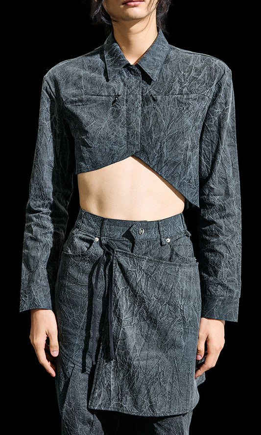 【Reculer レキュリー】Wrinkle R-crop shirts Charcoal