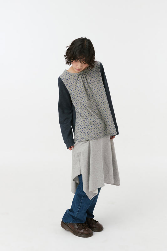 FLORAL WOVEN PANEL LONG SLEEVE, NAVY