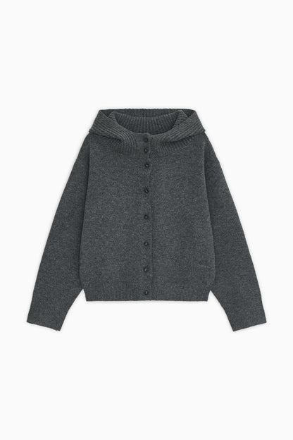 CROPPED HOODED HIGH NECK CARDIGAN, CHARCOAL