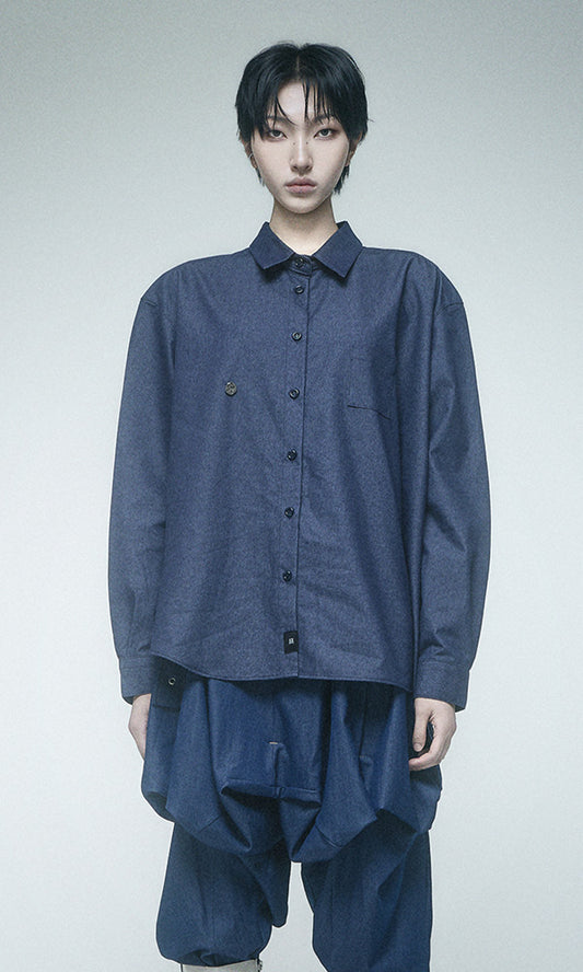 【Reculer レキュリー】Draping Basic long shirts Like denim Deep Blue