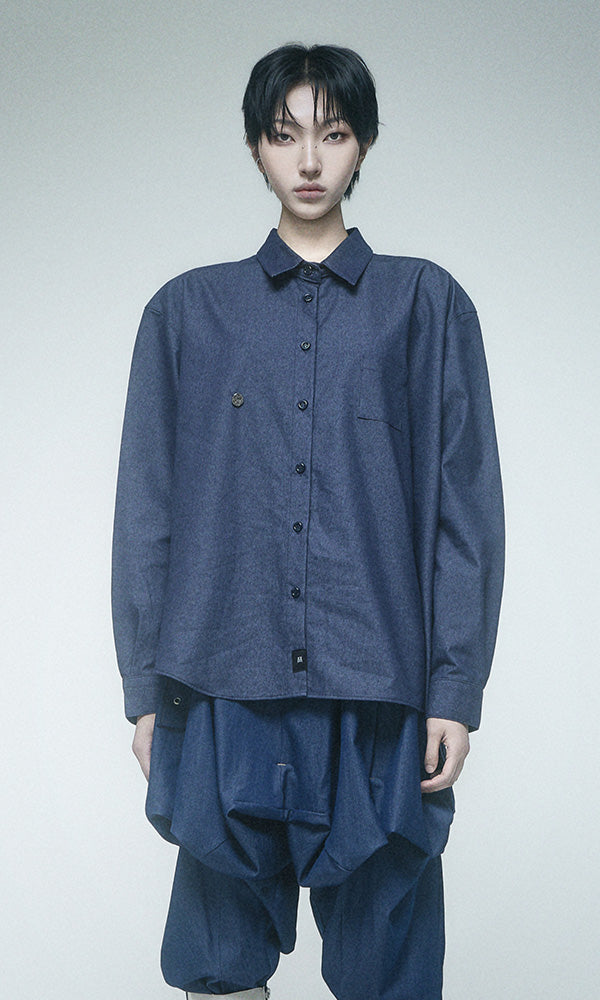 【Reculer レキュリー】Draping Basic long shirts Like denim Deep Blue
