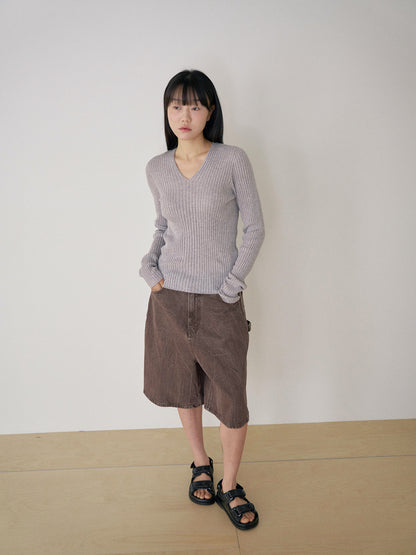 Double V-neck Rib Pullover - Gray 3