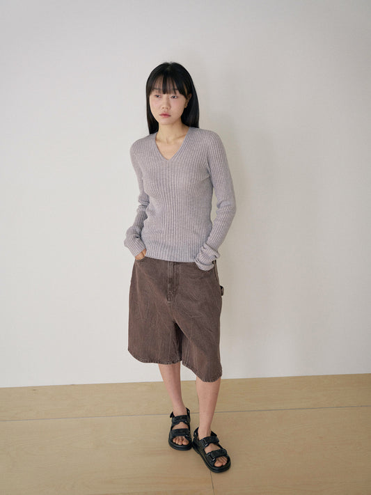 Double V-neck Rib Pullover - Gray 3