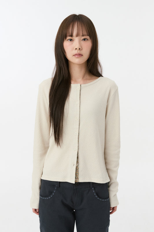 FLORAL COLOR BLOCK JERSEY CARDIGAN, BEIGE