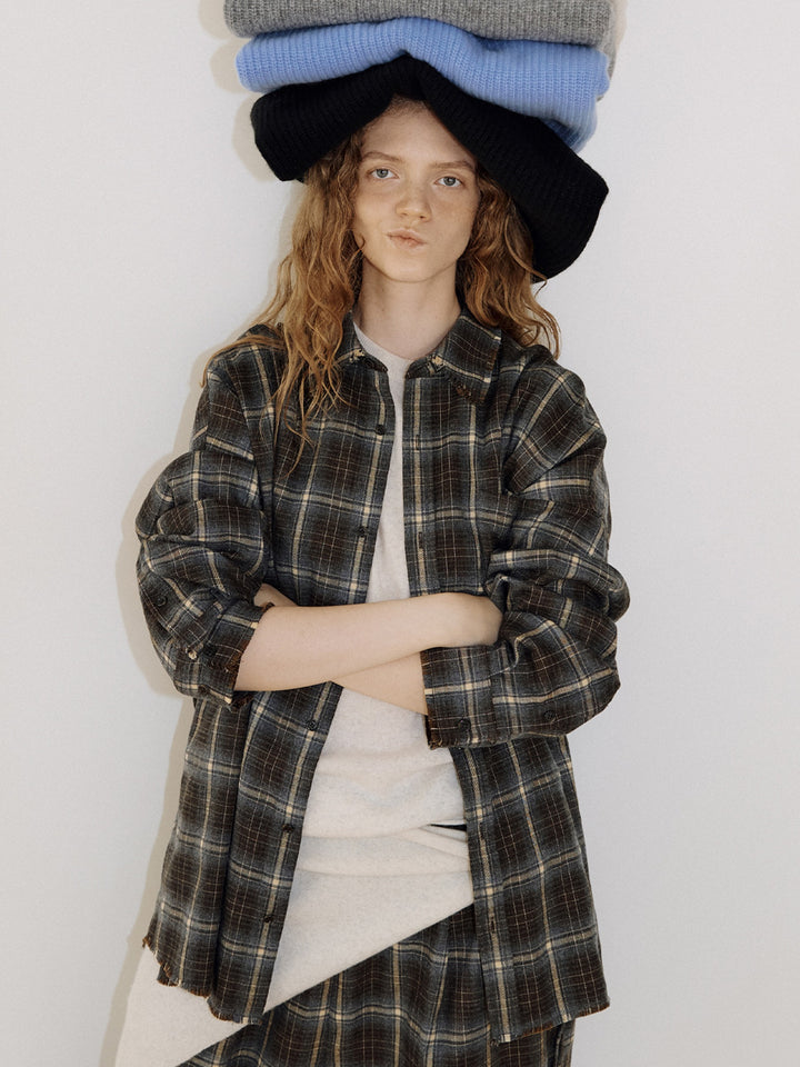 【MARAN】Fringe Check Shirt - Khaki