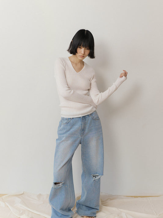 Knee Damage Denim Pants - Light Indigo 1