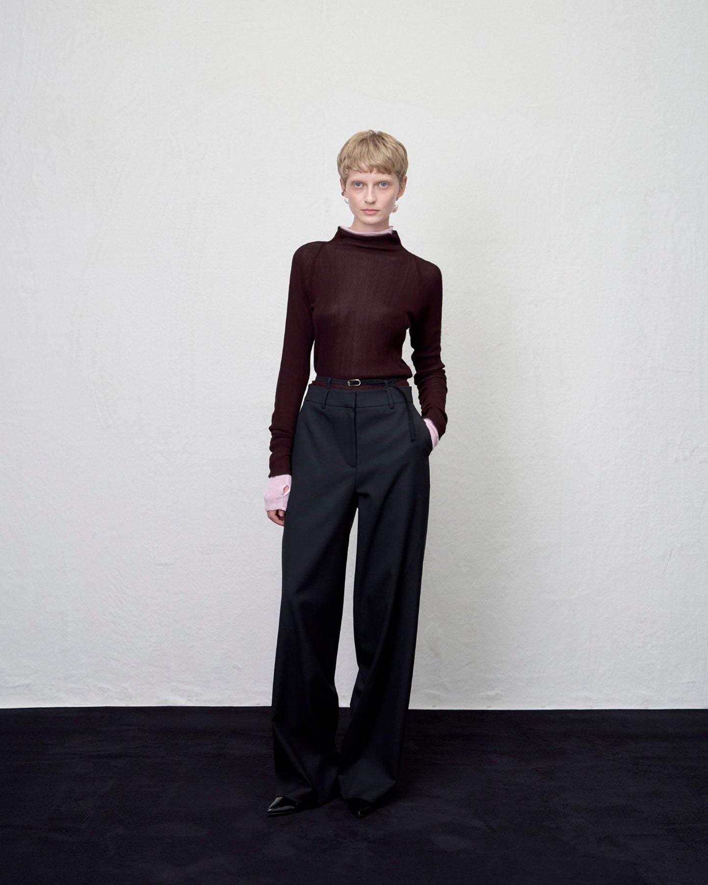 【ARIK. アリク AW】MINCHIR lettuce edge high neck knit top Burgundy Brown