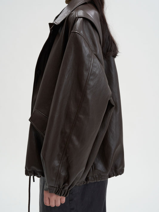 [MAGJAY]Soft Faux-Leather Blouson Jacket-BROWN