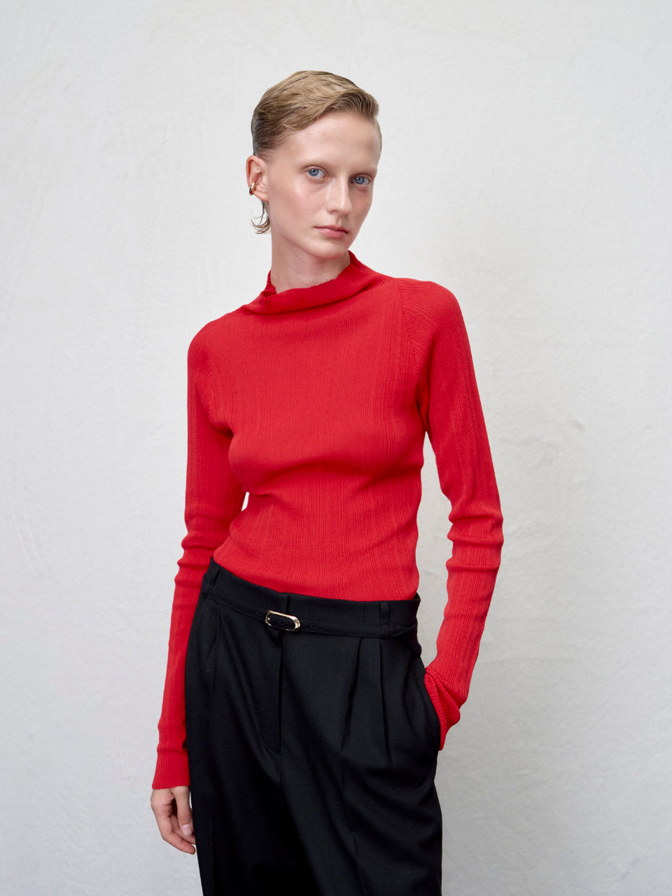 【ARIK. アリク AW】MINCHIR lettuce edge high neck knit top Red