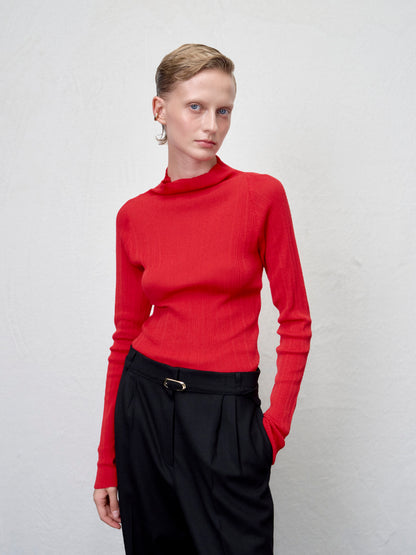 [ARIK. AW] MINCHIR lettuce edge high neck knit top Red