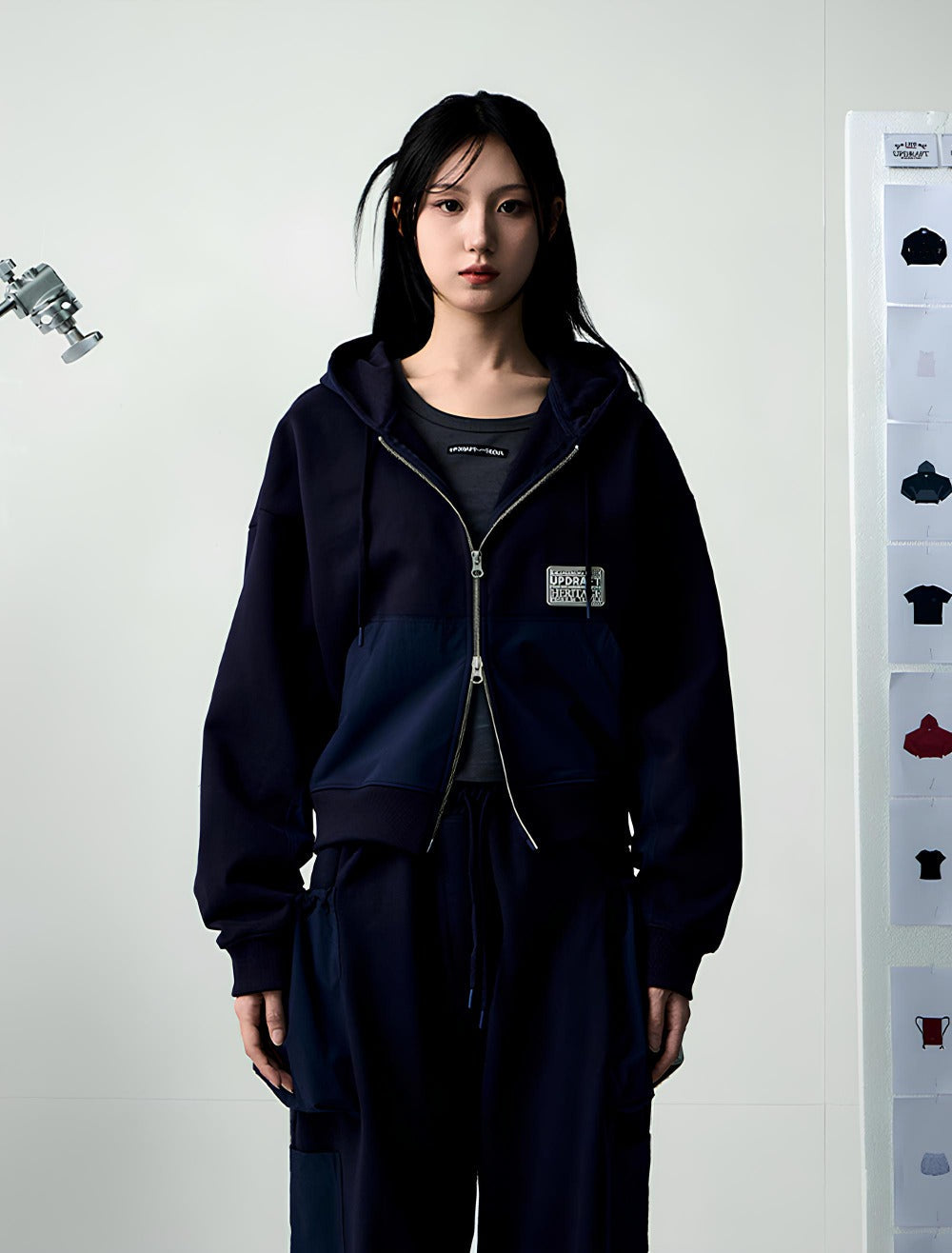 NYLON MIXED COTTON HOOD ZIP-UP -NAVY 