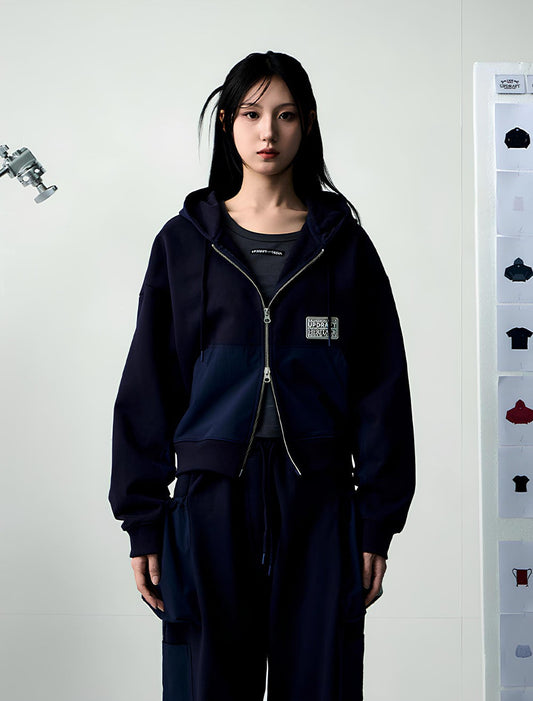 NYLON MIXED COTTON HOOD ZIP-UP -NAVY