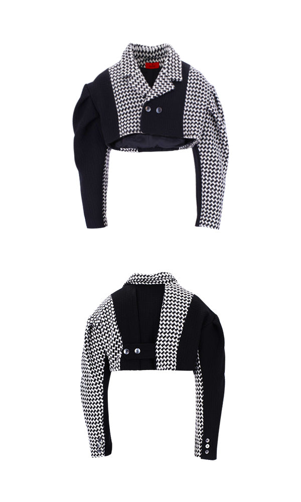 【Reculer レキュリー2023FW】Three tuck sleeve check color combination cropped jacket black
