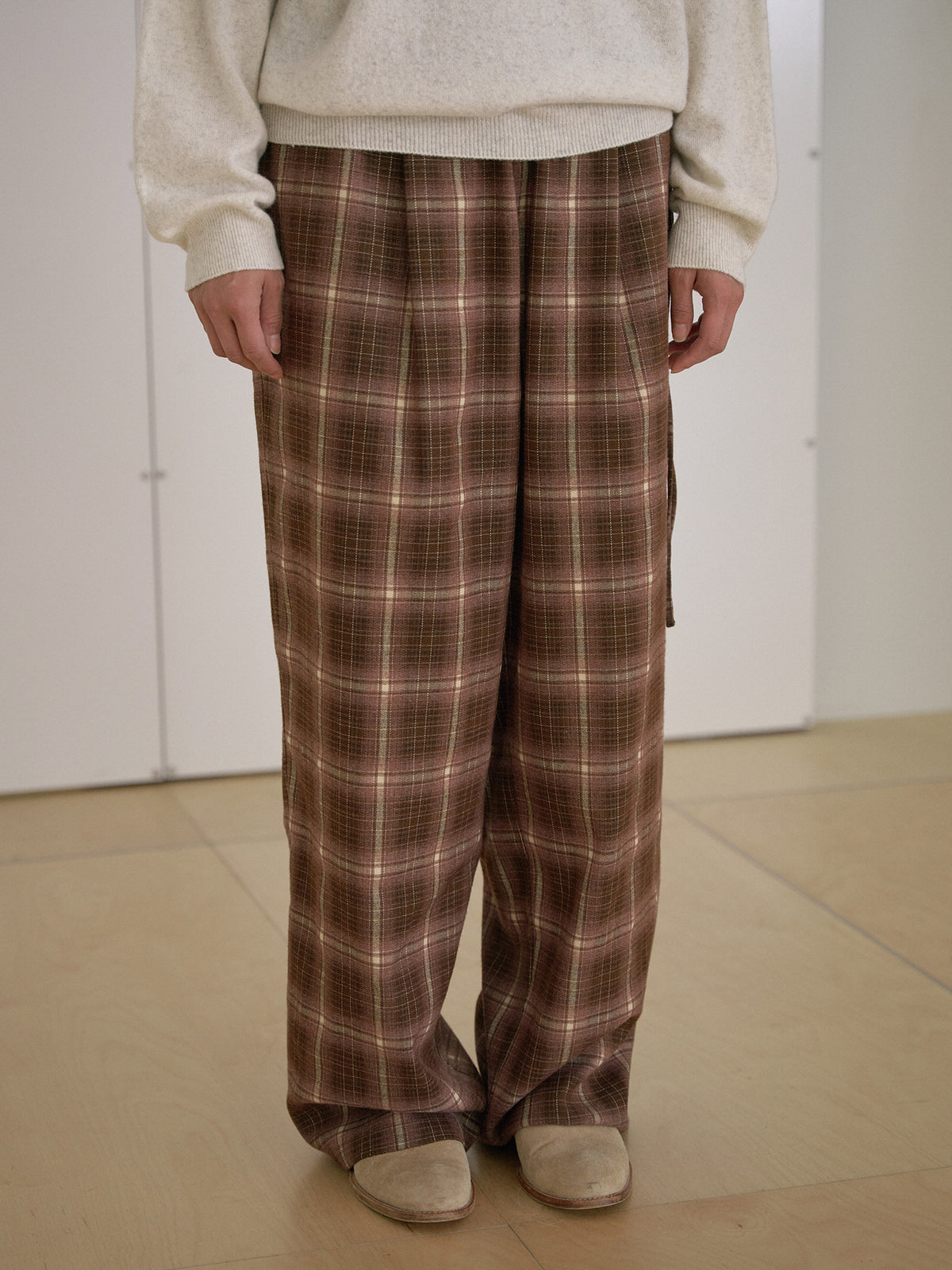 Side String Check Pants - Brown 10