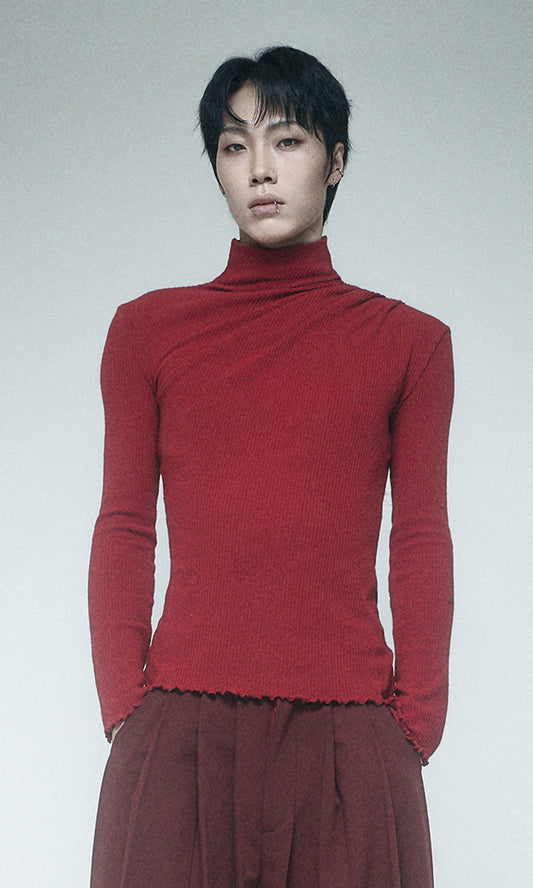 【Reculer レキュリー】Cowl string coloration draped T-shirt Red