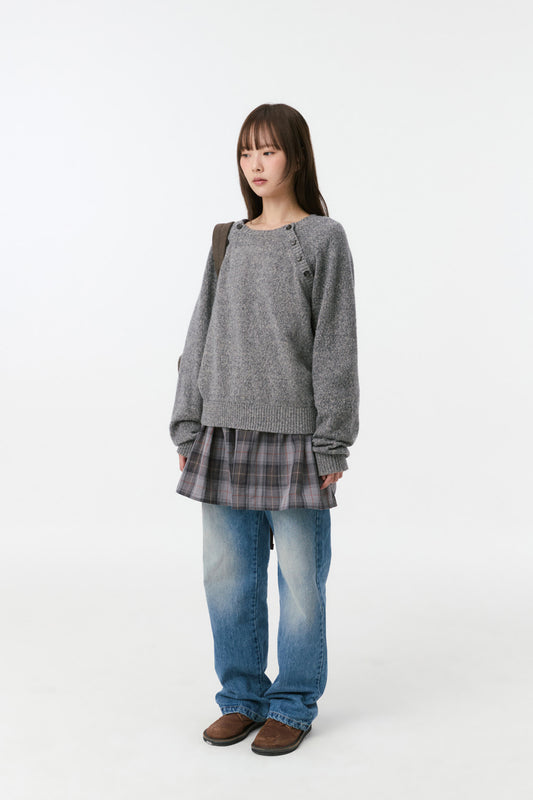 BUTTON DETAIL RAGLAN KNIT, GRAY