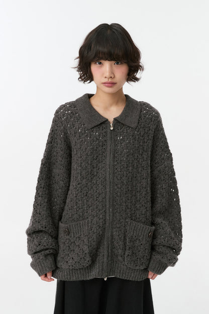 CROCHET KNIT ZIP-UP, CHARCOAL