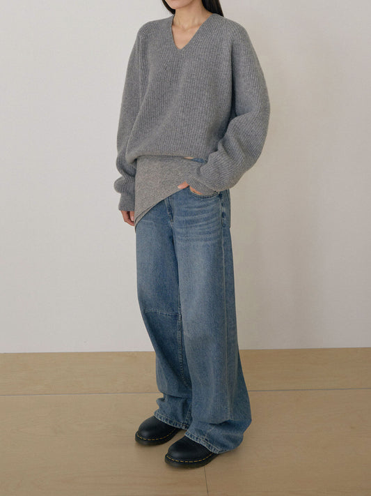 Wool V-neck Raglan Pullover - Gray 4
