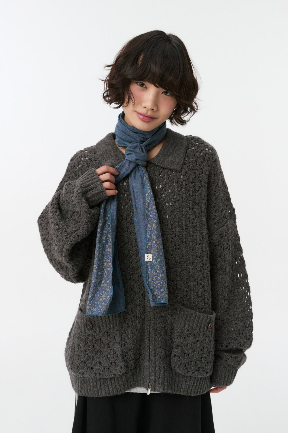 CROCHET KNIT ZIP-UP, CHARCOAL