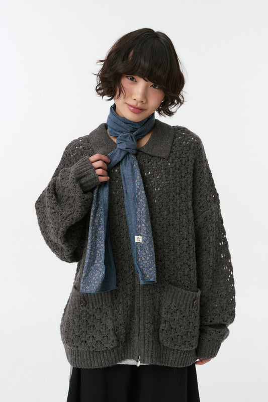 CROCHET KNIT ZIP-UP, CHARCOAL