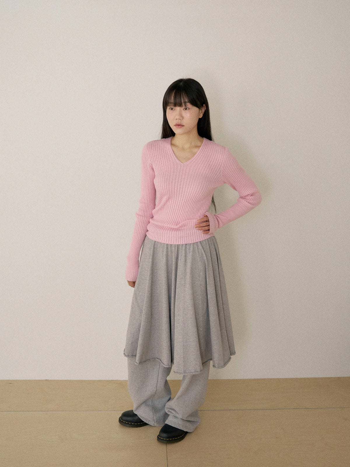 Double V-neck Rib Pullover - Pink 12