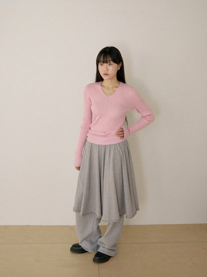 Double V-neck Rib Pullover - Pink 12