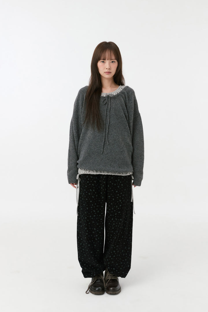 FLORAL CORDUROY BANDING PANTS, BLACK