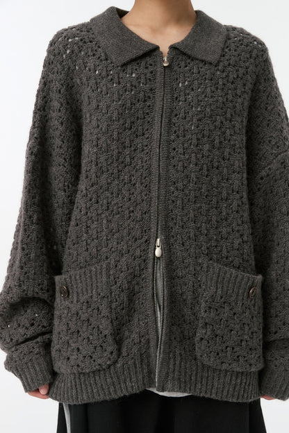 CROCHET KNIT ZIP-UP, CHARCOAL
