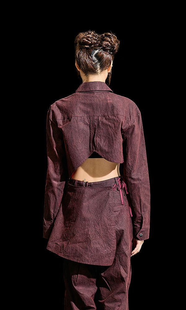 【Reculer レキュリー】Wrinkle R-crop shirts Burgundy