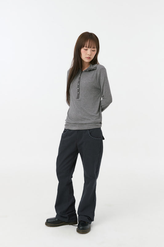 [9/11予約配送] BUTTON SLIM LONG SLEEVE, CHARCOAL