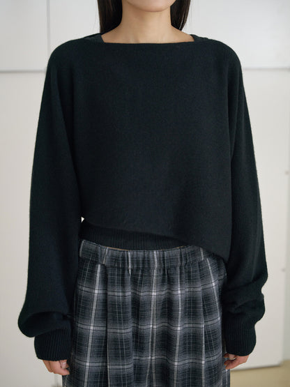 Unbalanced Boat Neck Pullover - Black 6