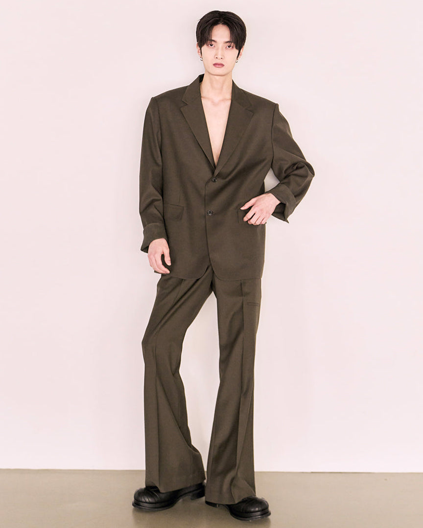 Leather Reveal Sleeve Wool Blazer_Khaki Brown