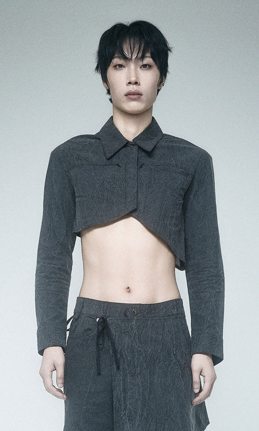 【Reculer レキュリー】Wrinkle R-crop shirts Charcoal