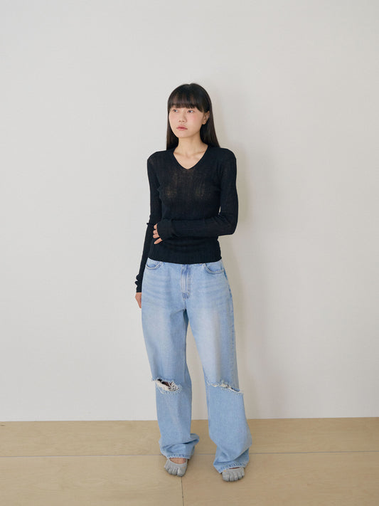 Multi Rib V-neck Pullover - Black