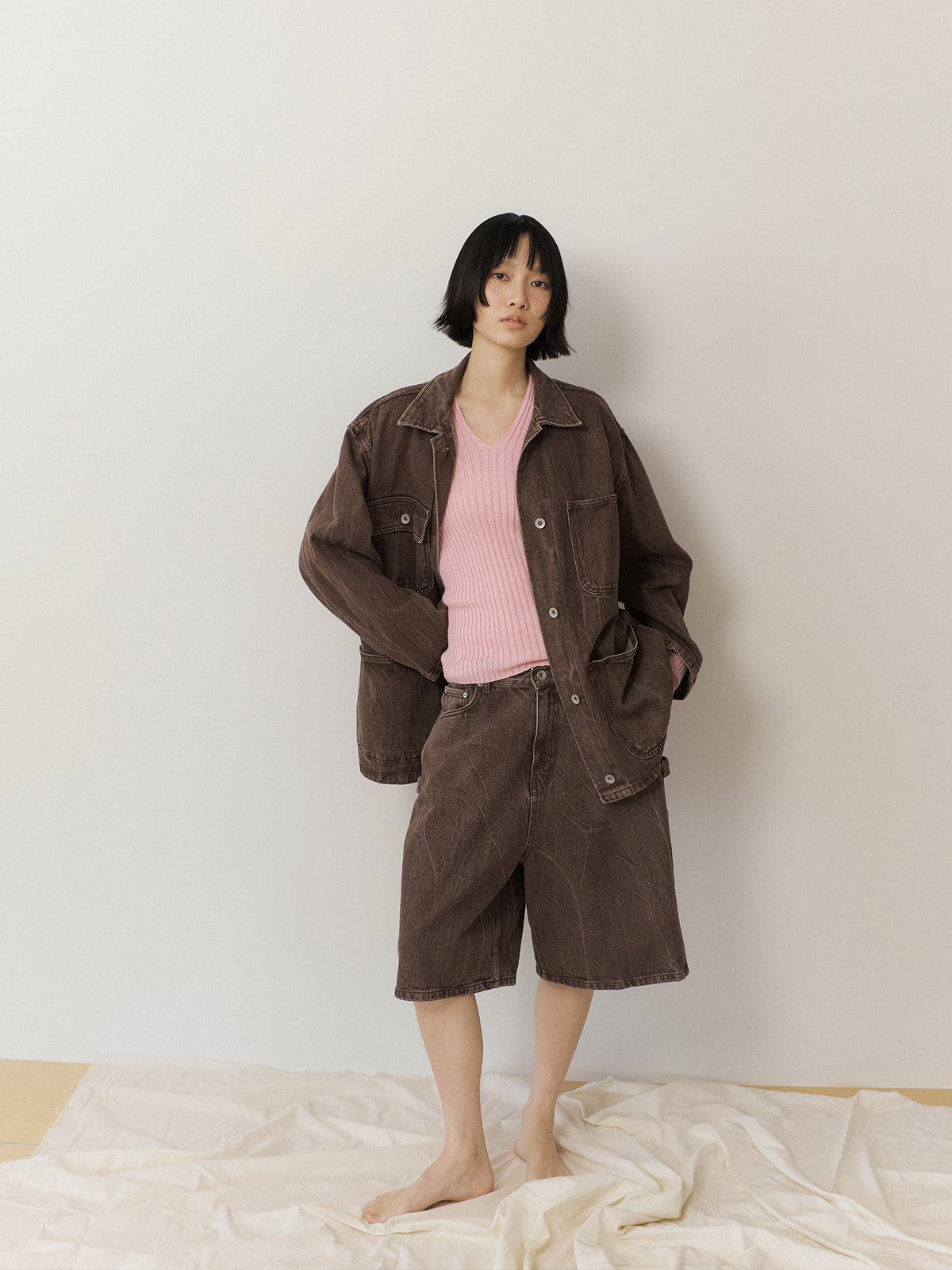 Double V-neck Rib Pullover - Pink 5