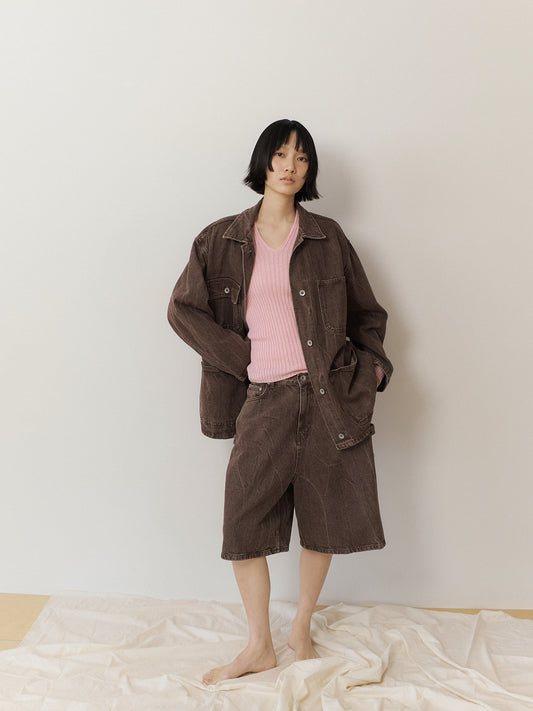 Double V-neck Rib Pullover - Pink 5