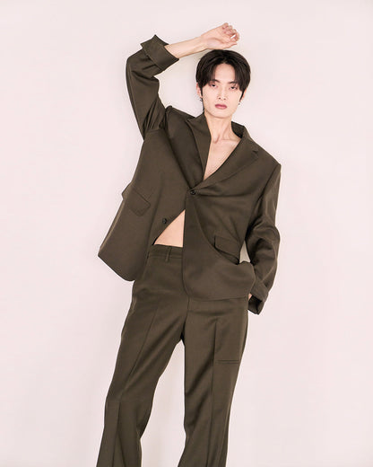 Leather Reveal Sleeve Wool Blazer_Black