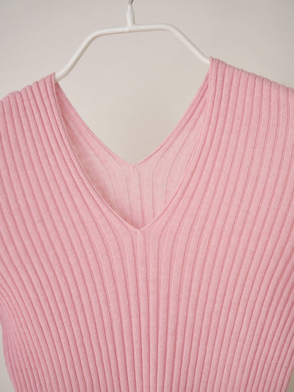 Double V-neck Rib Pullover - Pink 9