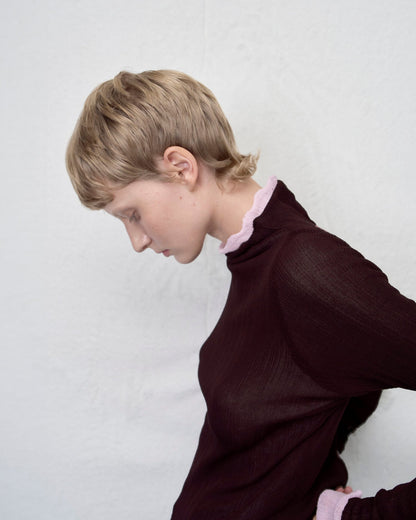 【ARIK. アリク AW】MINCHIR lettuce edge high neck knit top Burgundy Brown