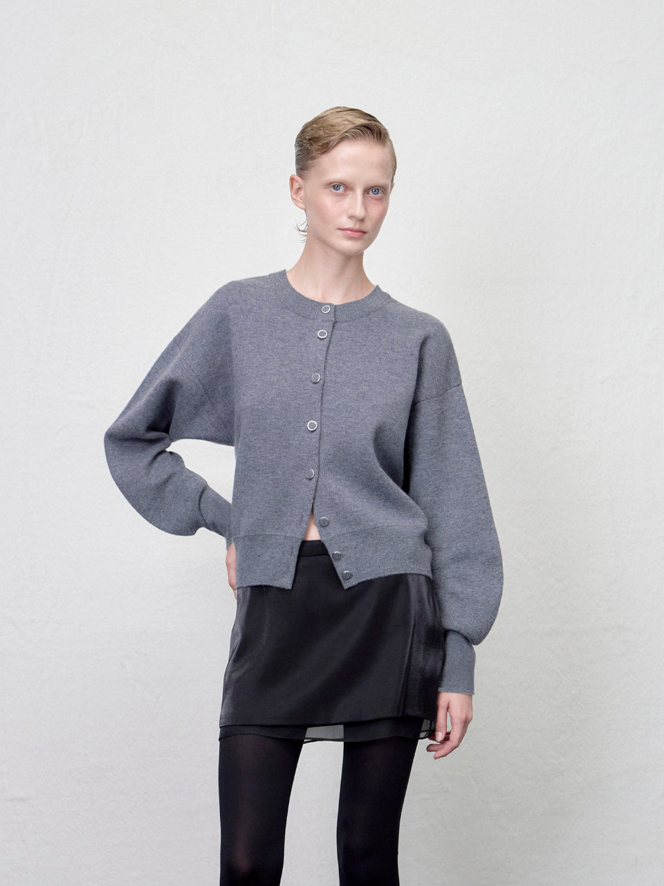 【ARIK. アリク AW】Asellus volume sleeve knit cardigan Melange Grey