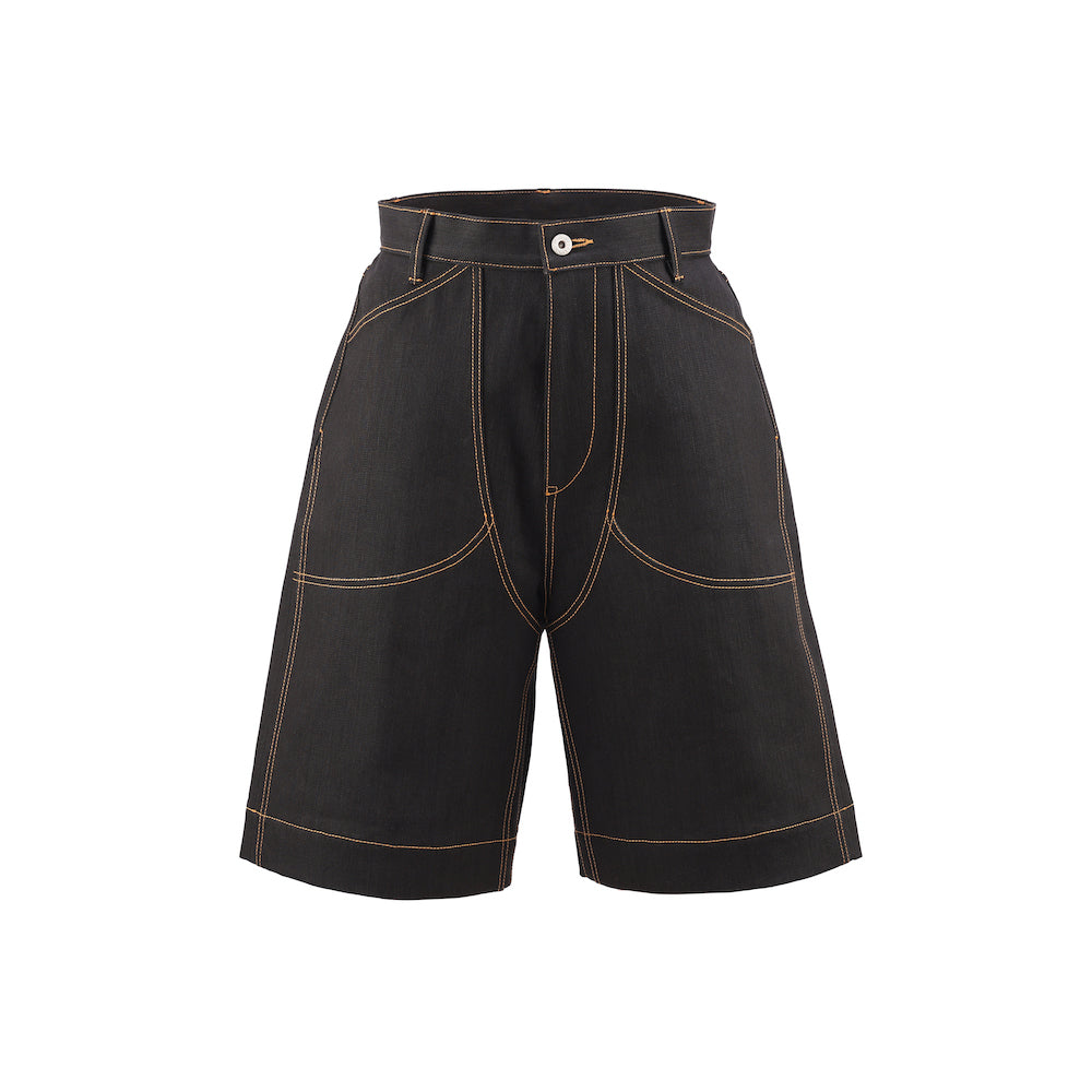 LOT.06 DOUBLE KNEE DENIM SHORTS -BLACK