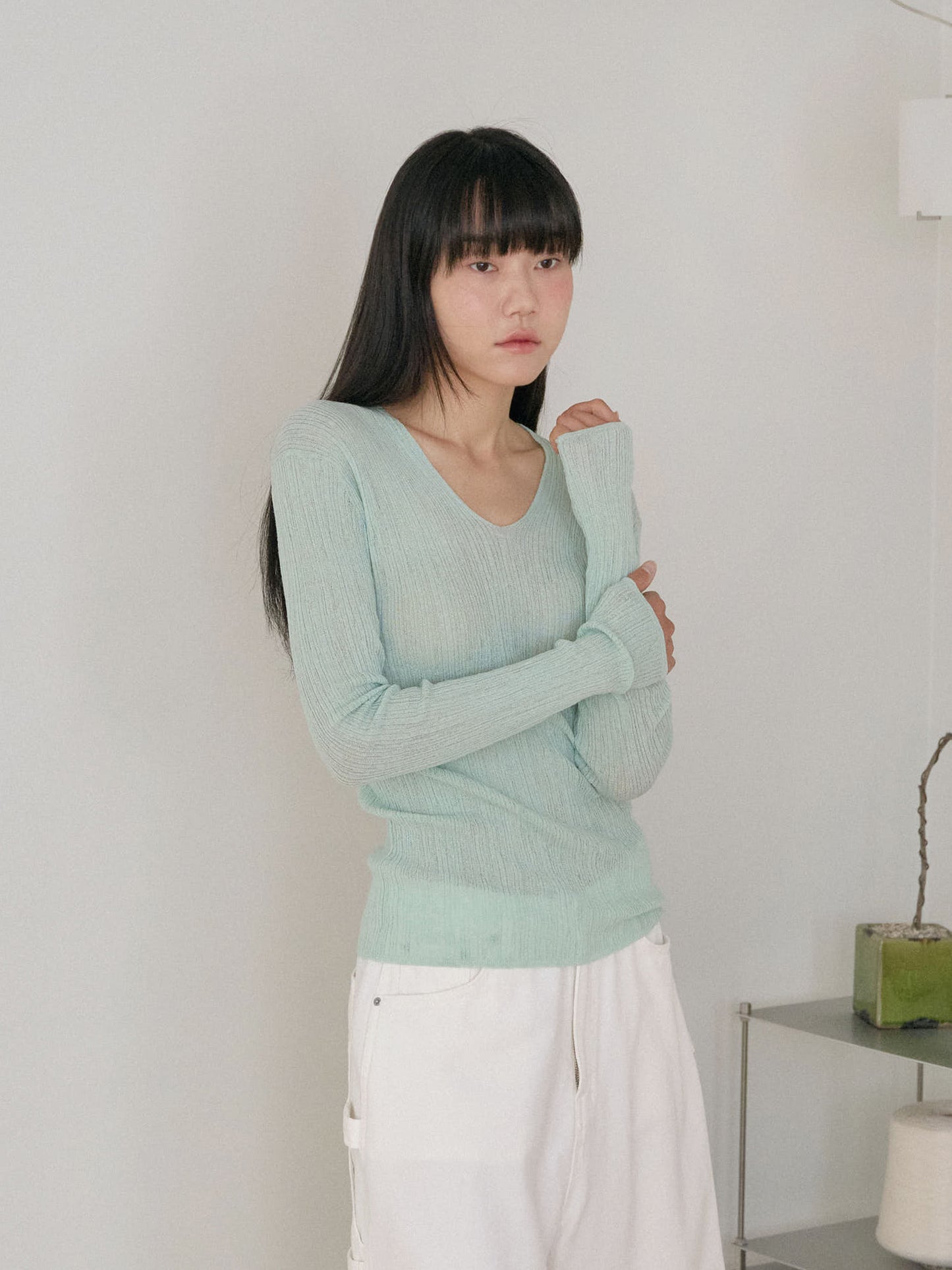 Multi Rib V-neck Pullover - Mint