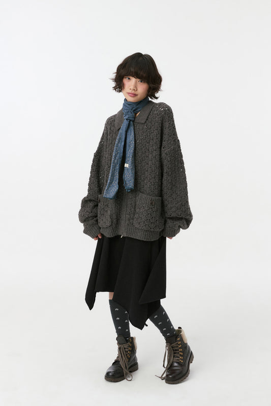 CROCHET KNIT ZIP-UP, CHARCOAL