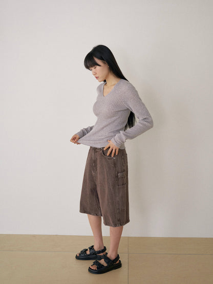 Double V-neck Rib Pullover - Gray 6