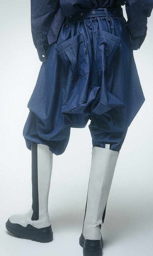 【Reculer レキュリー】Skirt silhouette baggy pants Like Denim Deep Blue