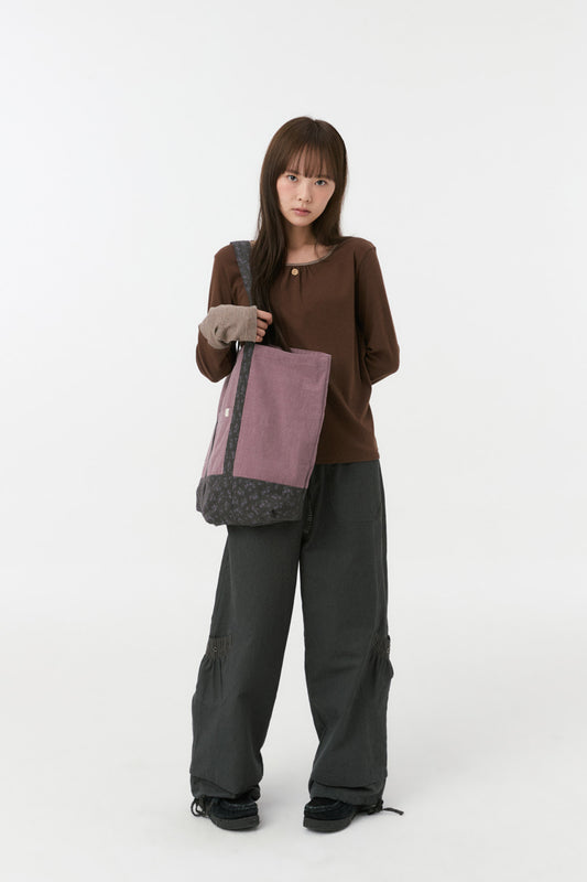 SHIRRING COLOR BLOCK LONG SLEEVE, BROWN