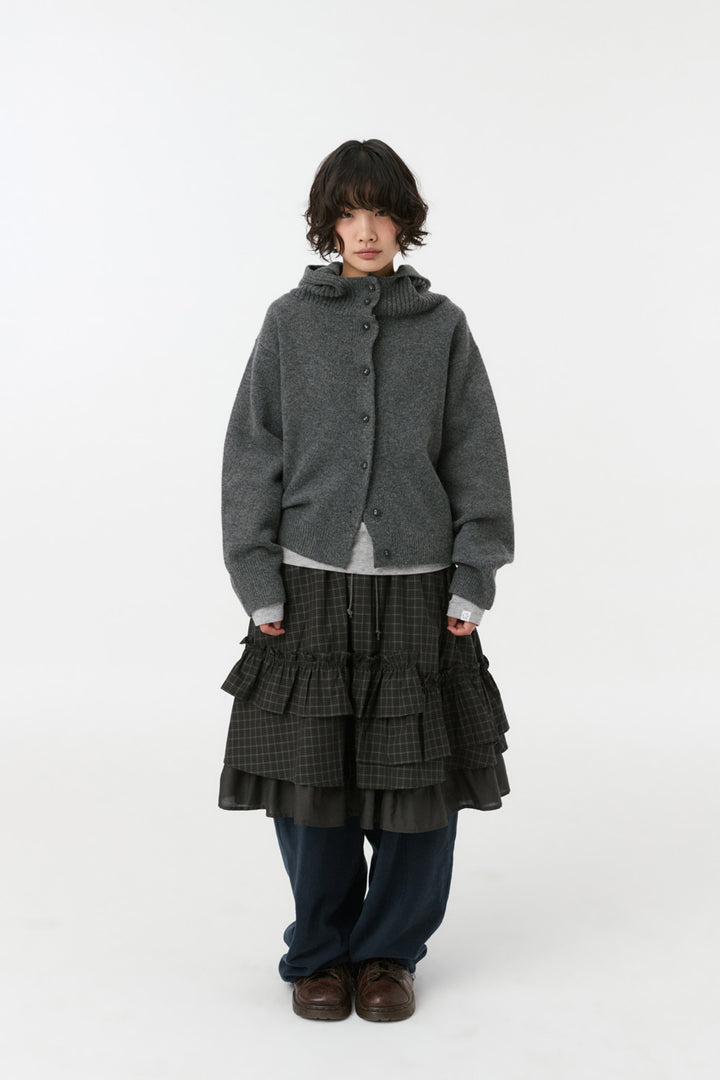 CROPPED HOODED HIGH NECK CARDIGAN, CHARCOAL