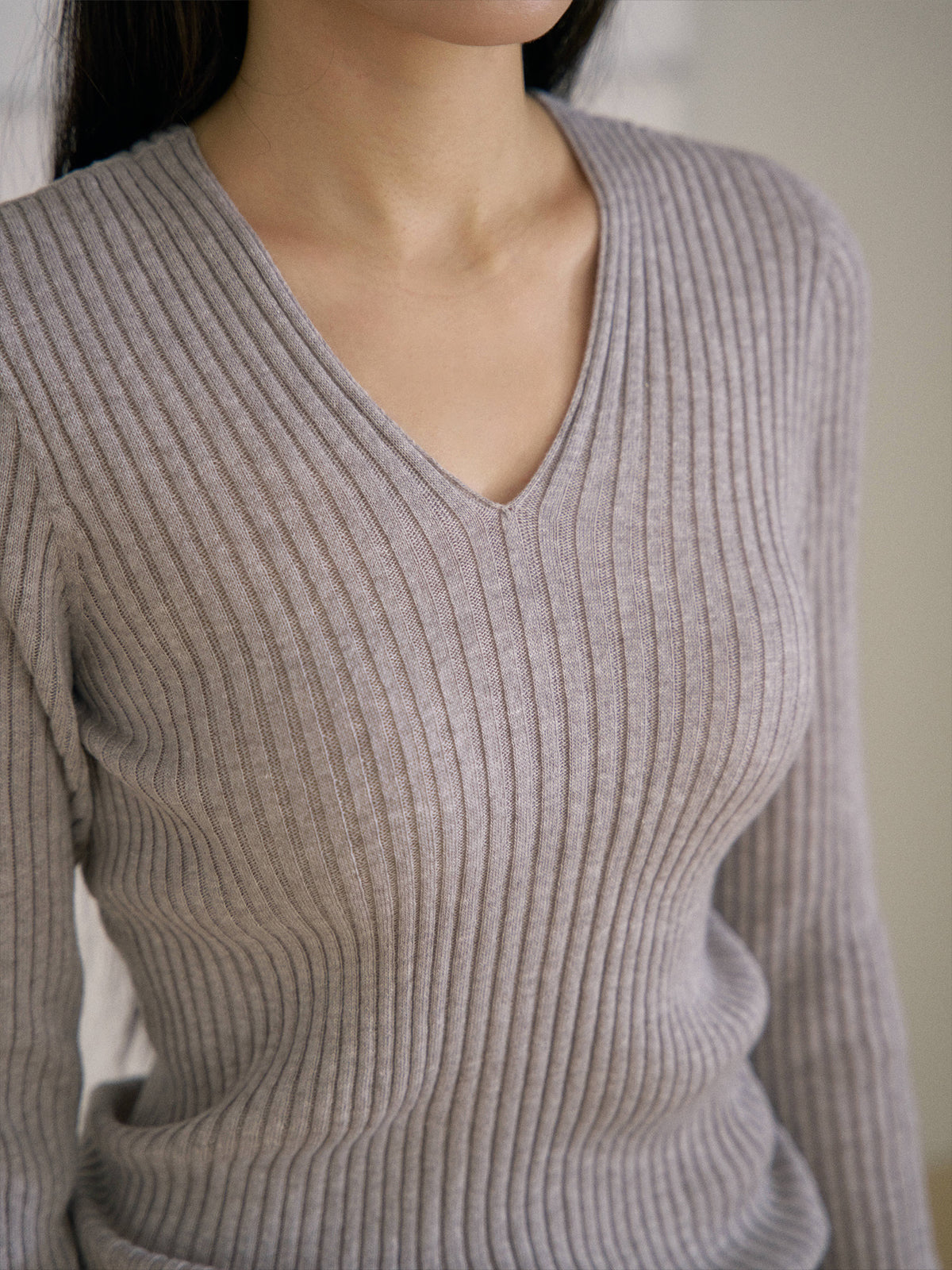 Double V-neck Rib Pullover - Gray 8